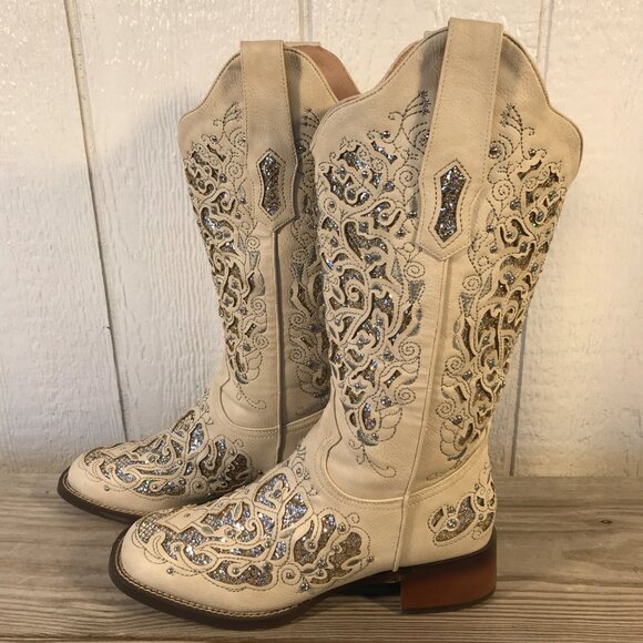Crysigne Rhinestones and Glitter Womens Cream Western Boots US 8 - Picture 2 of 12